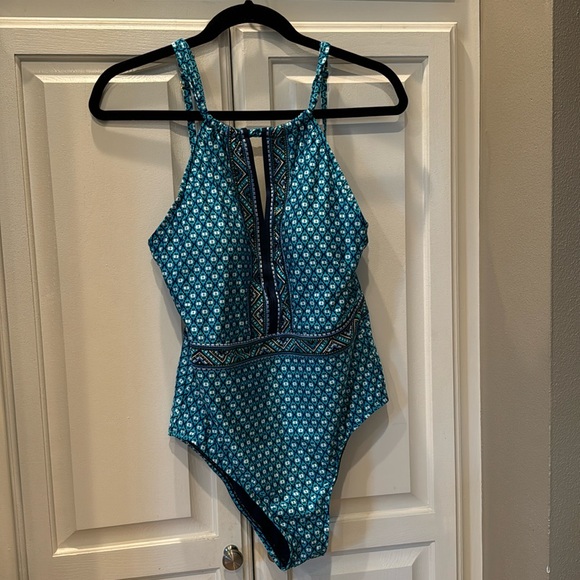 Jantzen Other - Jantzen Blue Print Keyhole High Neck One piece Swim Suit Modest Molded Cups 12
